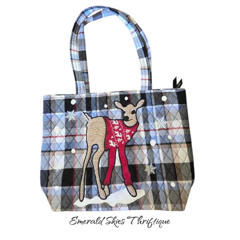 Vera Bradley Small Vera Tote Bag Merry Mischief Snow Day deer plaid snow
